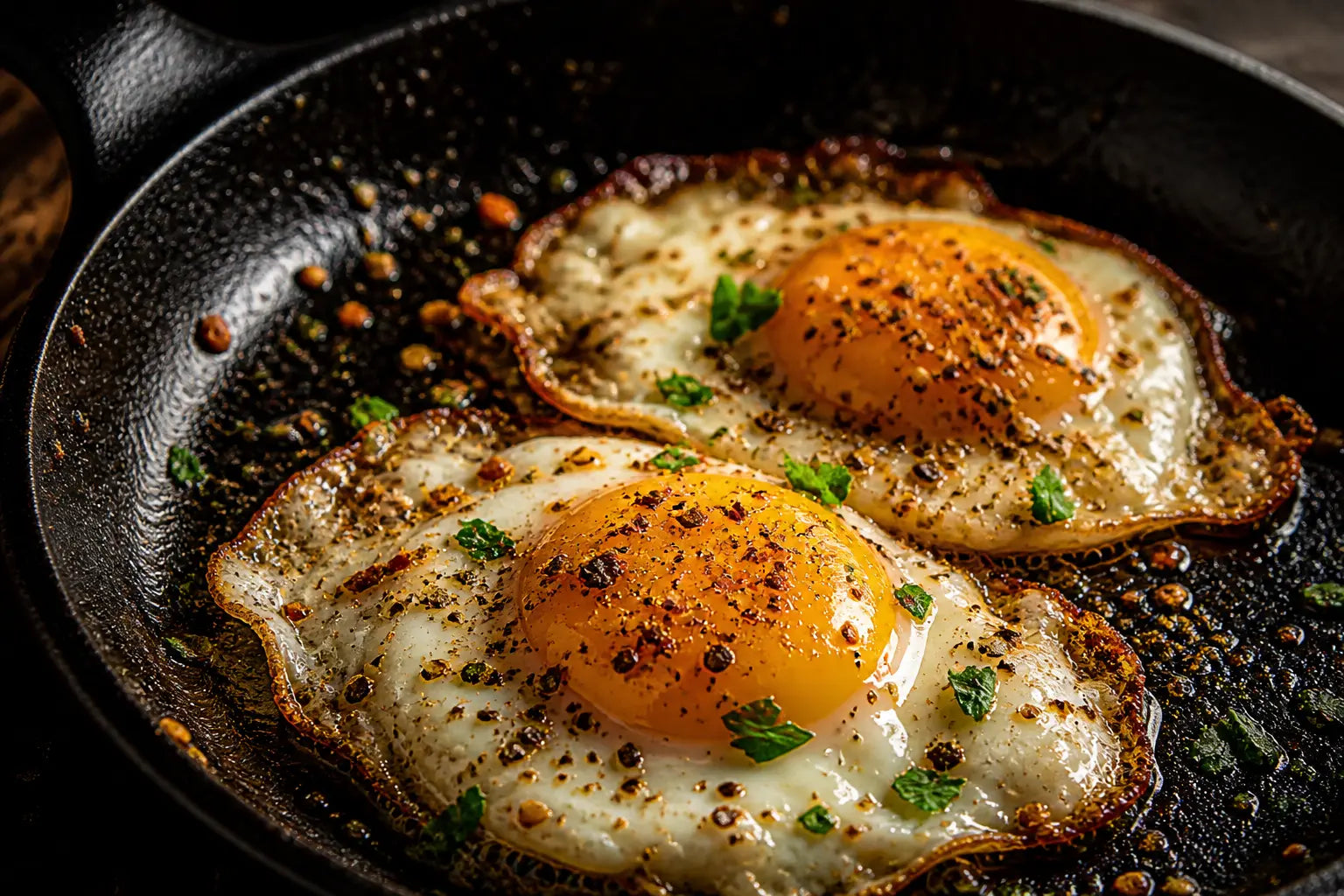 Chef Scott's Cast Iron Fried Eggs seasoned with Blackened and Dusted Kitchen Shakers