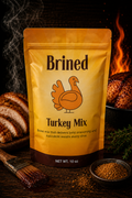 Package of "Brined Turkey Mix" seasoning with cooked turkey slices and a basting brush beside it.