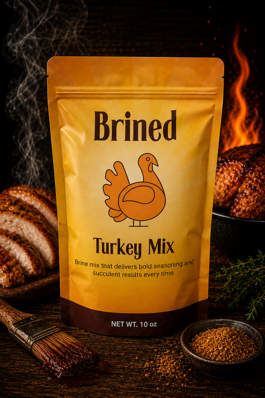 Package of "Brined Turkey Mix" seasoning with cooked turkey slices and a basting brush beside it.