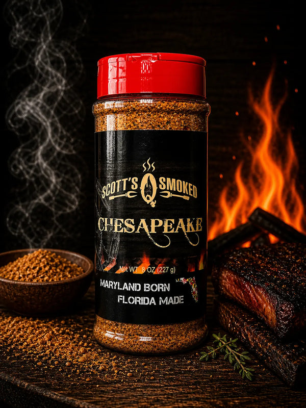 Scott's Smoked Chesapeake seasoning jar with red lid, spices in a bowl, and smoked meat by a fire backdrop.