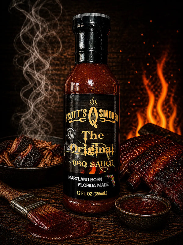 Scott's Smoked Original BBQ Sauce 12 fl oz bottle with ribs and brush, Maryland Born Florida Made, smoky background.