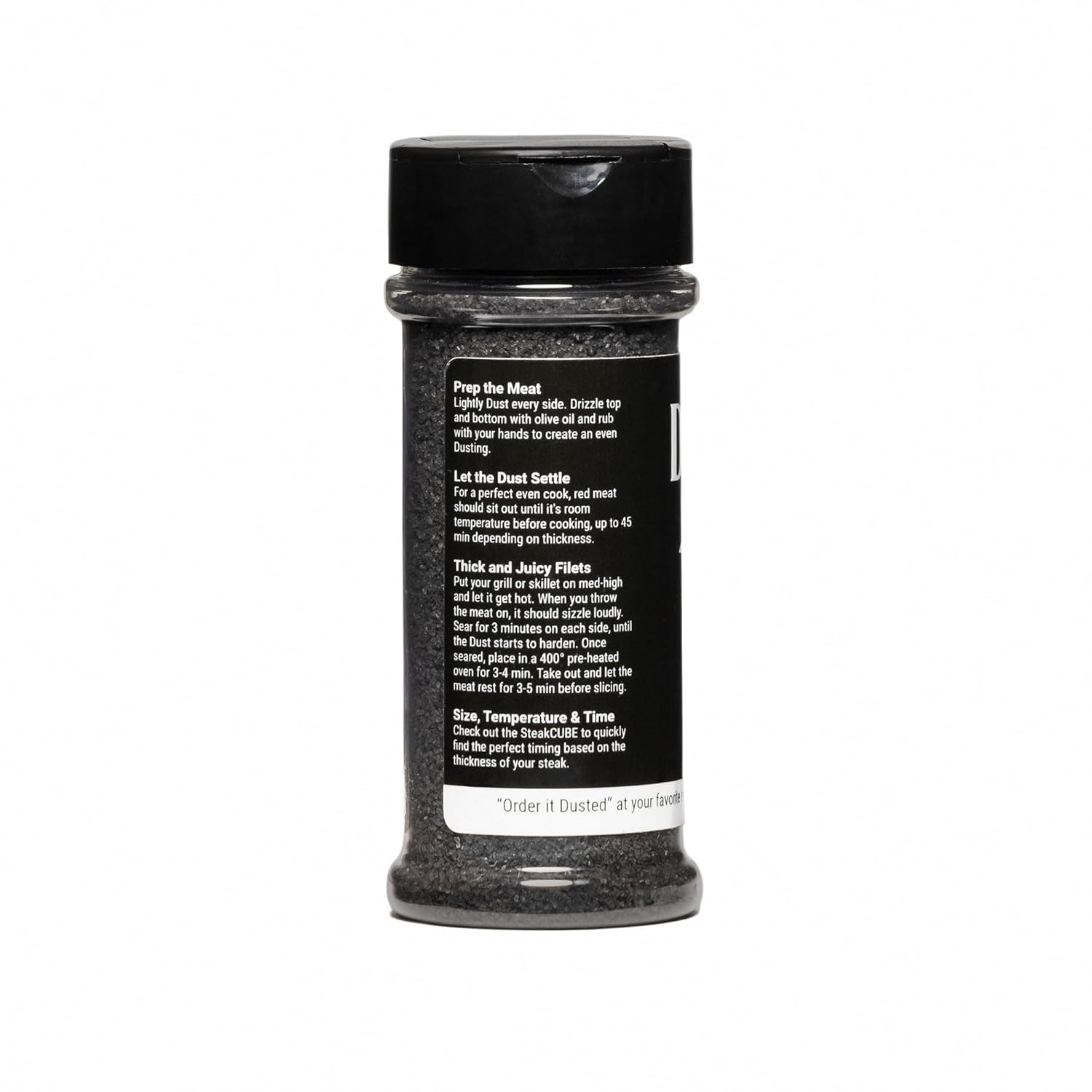 Black seasoning shaker with detailed label on preparation and cooking tips, twist cap for easy use