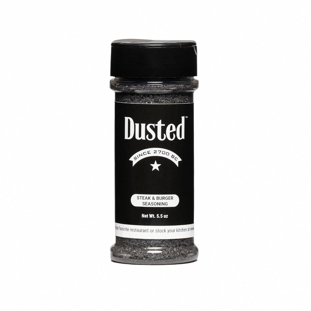Dusted steak and burger seasoning, 5.5 oz bottle, premium spice blend for grilling and barbecuing.