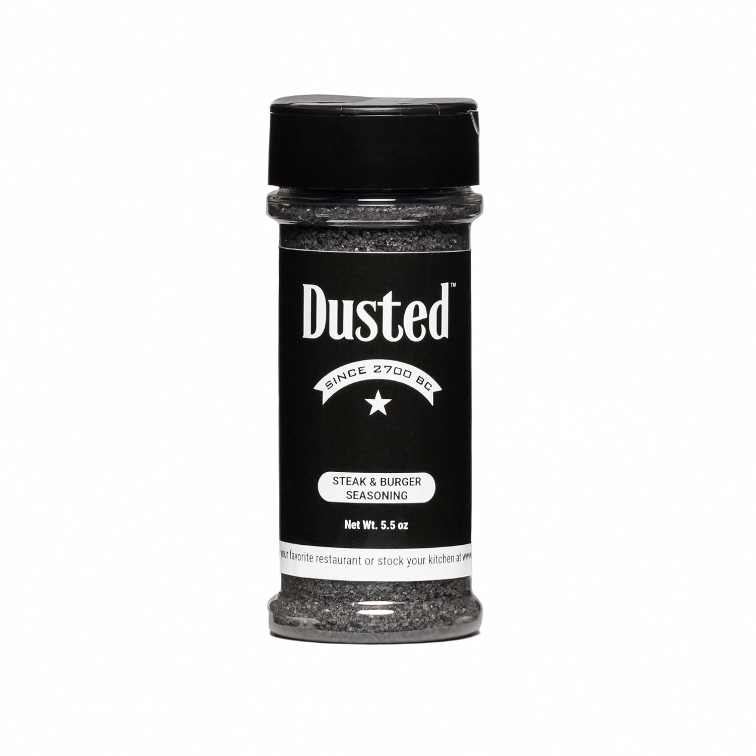 Dusted steak and burger seasoning, 5.5 oz bottle, premium spice blend for grilling and barbecuing.