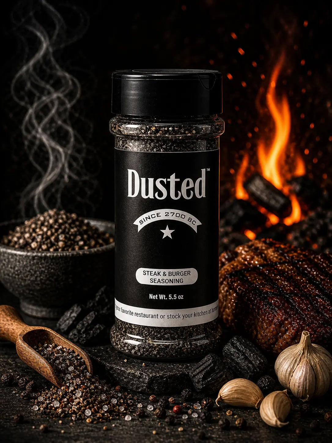 Dusted steak and burger seasoning with pepper, garlic, grill fire in background, 5.5 oz jar, flavorful BBQ spice mix.