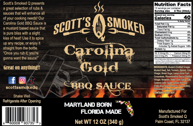 Label of Scott's Smoked Q Carolina Gold BBQ Sauce, featuring branding, nutritional information, and usage suggestions.