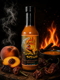 Peach ghost scorpion hot sauce bottle with peaches and peppers, black label, fiery design with flame in the background.