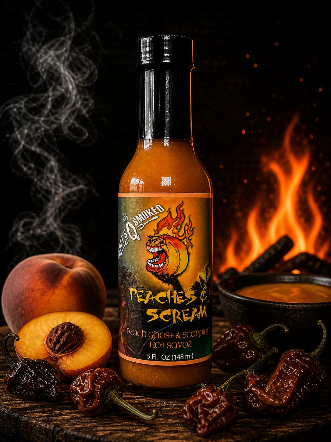 Peach ghost scorpion hot sauce bottle with peaches and peppers, black label, fiery design with flame in the background.