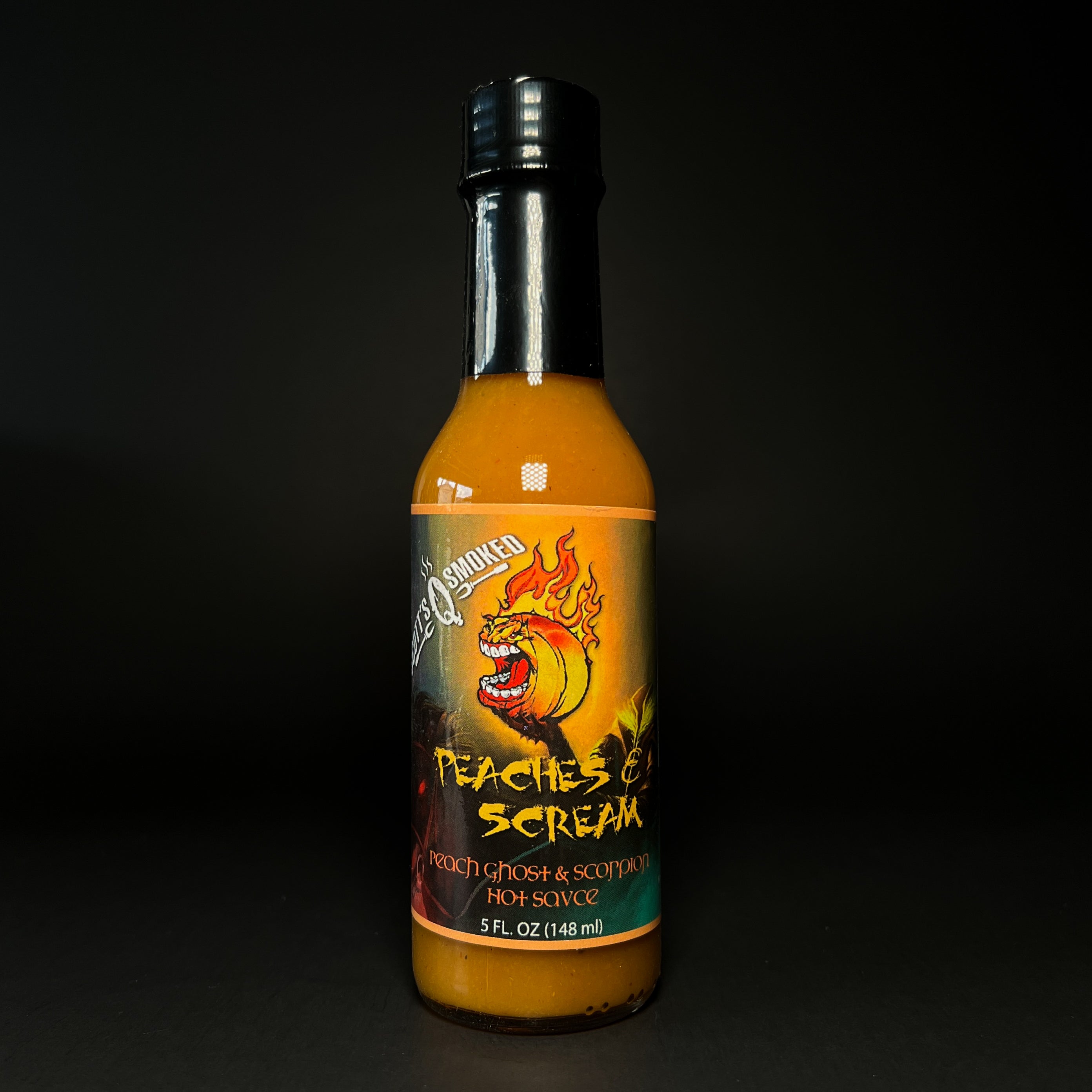 Peaches & Scream hot sauce bottle, scorpion and ghost peppers, 5 fl oz, vibrant orange.