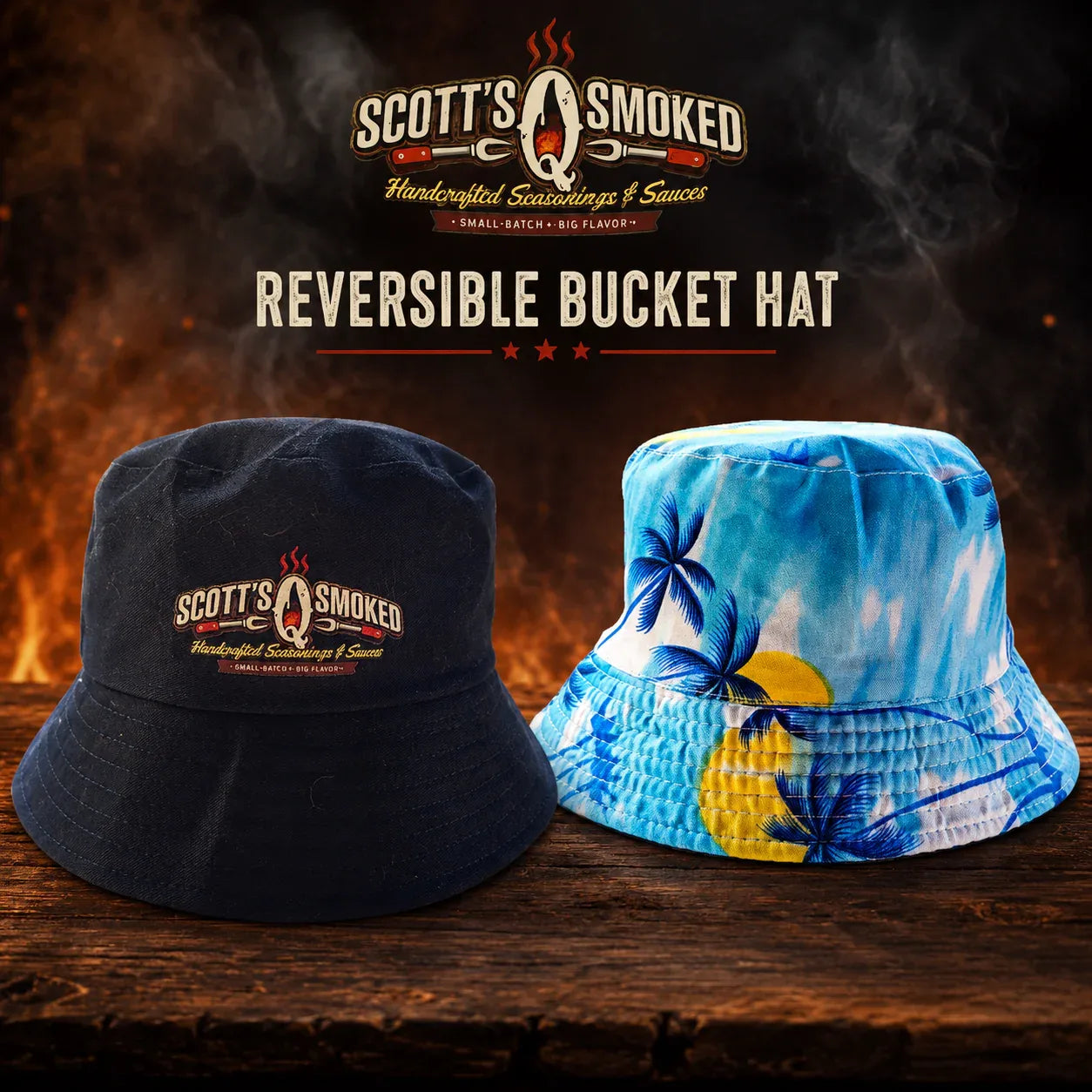 Reversible bucket hat with Scott's Smoked logo, featuring plain black and tropical blue designs.