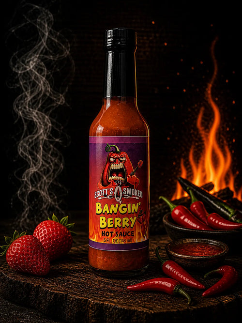Scott's Smoked Bangin Berry Hot Sauce 5 fl oz bottle with strawberries and red chili peppers on a rustic wooden background