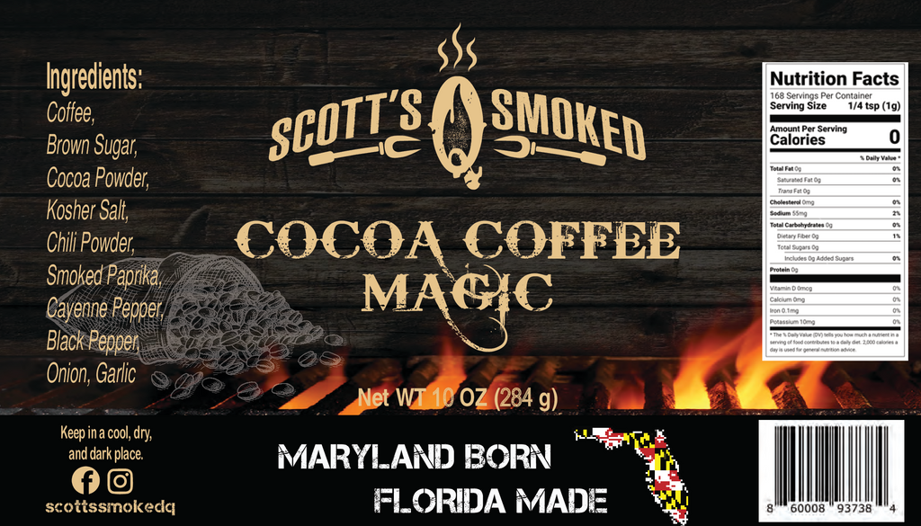 Scott's Smoked Cocoa Coffee Magic packaging featuring bold text, an ingredient list, a nutrition facts panel, and a fiery grill background.