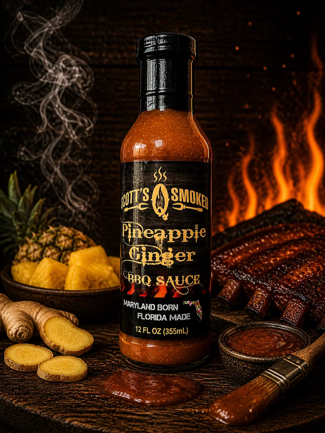 Scott's Smoked Pineapple Ginger BBQ Sauce bottle with sliced ginger, pineapple pieces, and a bowl of sauce on a wooden table, set against a fiery barbecue backdrop.