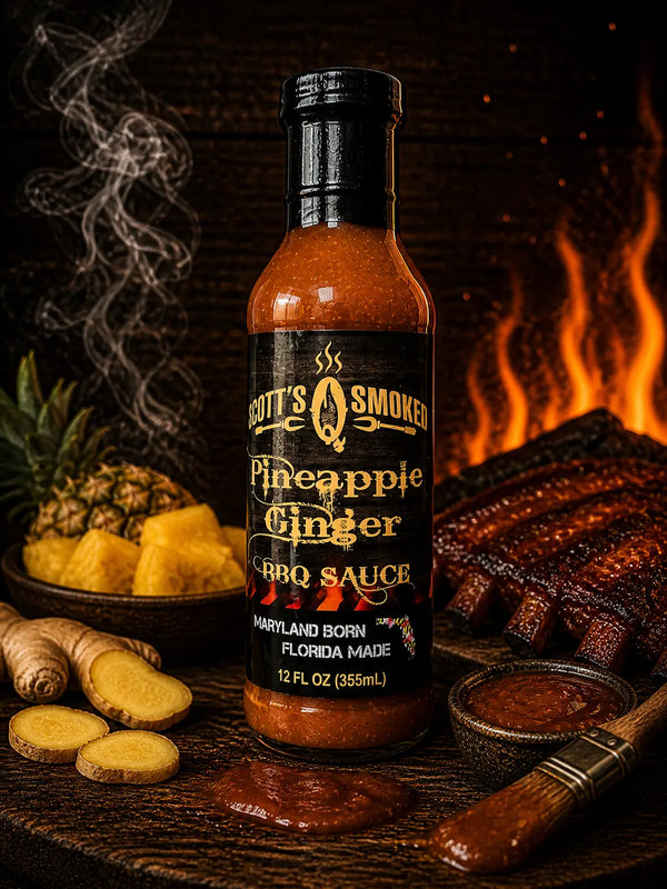 Scott's Smoked Pineapple Ginger BBQ Sauce bottle with sliced ginger, pineapple pieces, and a bowl of sauce on a wooden table, set against a fiery barbecue backdrop.