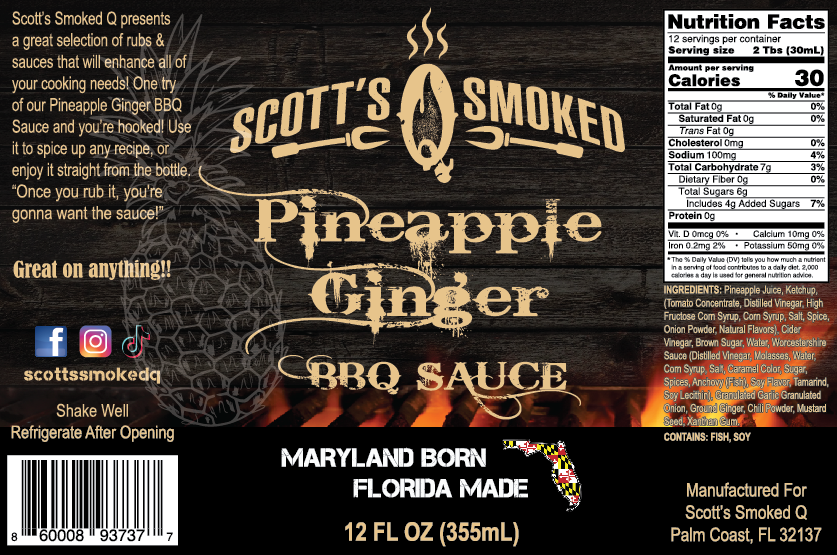 Scott's Smoked Q Pineapple Ginger BBQ Sauce label with nutrition facts and ingredients, featuring social media icons and a map of Florida.