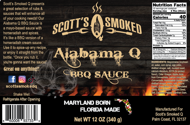 Scott's Smoked Q Alabama Q BBQ Sauce label, 12 oz, spicy mayo-based sauce, horseradish blend, Florida made.