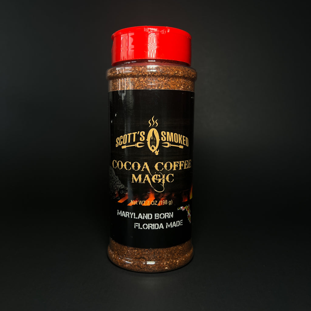 Scott's Smoked Cocoa Coffee Magic spice seasoning jar with red lid, Maryland born, Florida made.