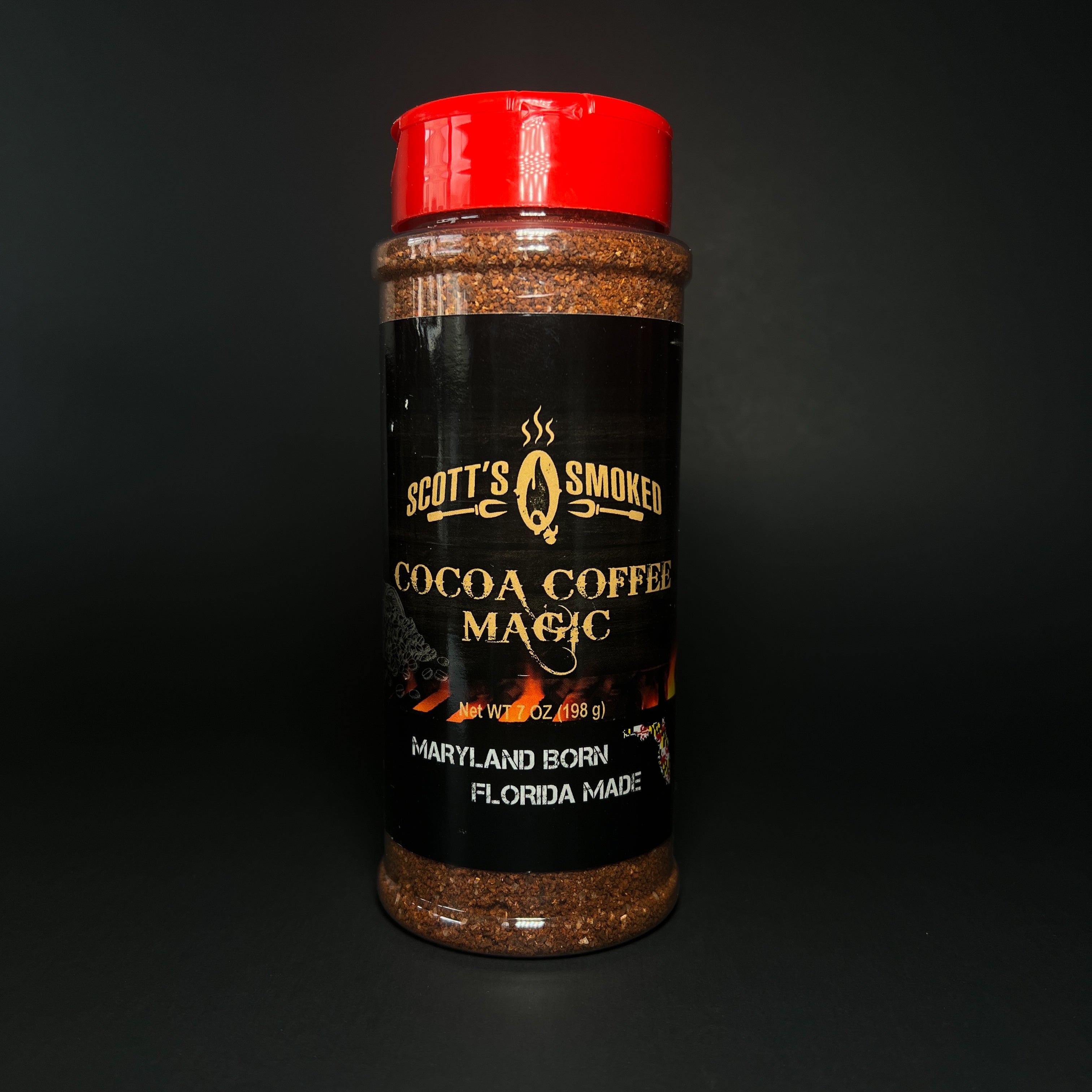 Scott's Smoked Cocoa Coffee Magic spice seasoning jar with red lid, Maryland born, Florida made.