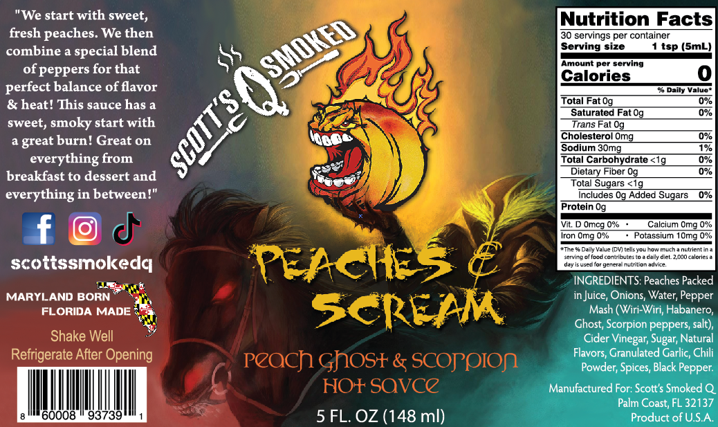 Scott's Smoked Peaches & Scream hot sauce, featuring peach ghost and scorpion, 5 fl oz bottle, fiery flavor fusion.