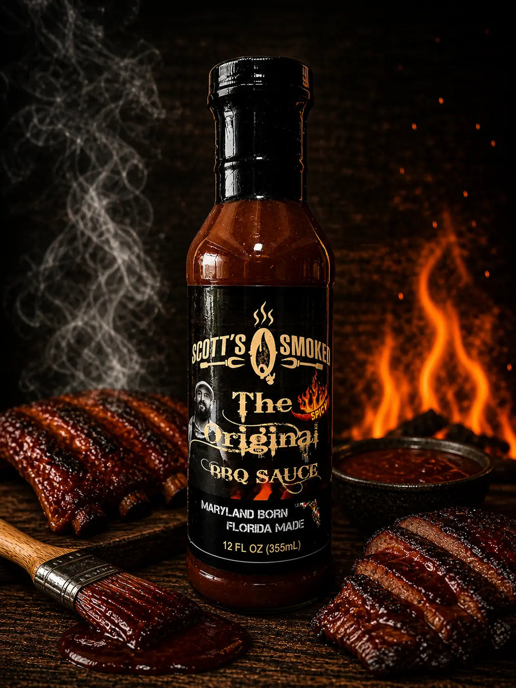 Scott's Smoked BBQ Sauce bottle with grilled ribs, sauce in bowl, and flame backdrop.