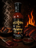 Scott's Smoked Original BBQ Sauce 12 fl oz bottle with ribs and brush, Maryland Born Florida Made, smoky background.