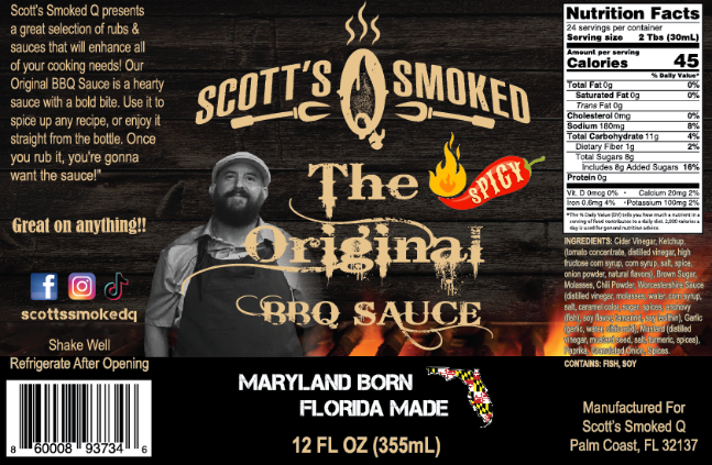 Scott's Smoked Original Spicy BBQ Sauce label, featuring chef illustration, nutritional info, 12 fl oz bottle, Florida made.
