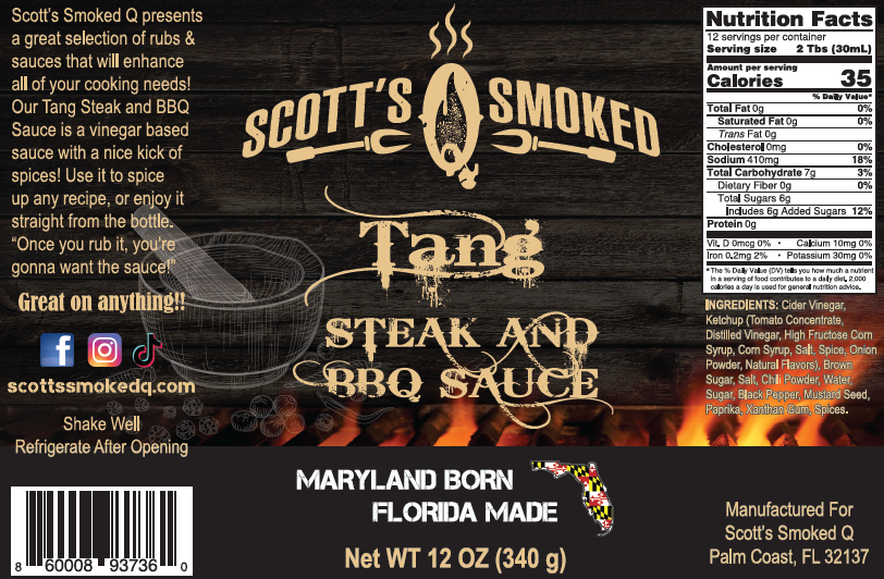 Label for Scott's Q Smoked Tang Steak and BBQ Sauce with branding and product details.
