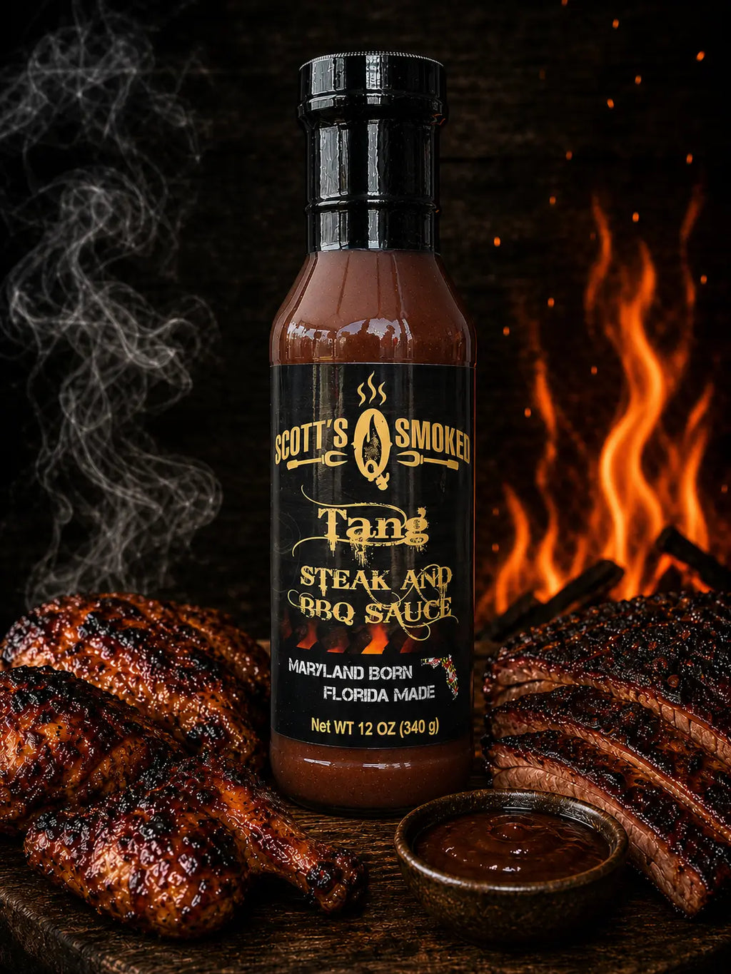 Scott's Smoked Tangy Steak and BBQ Sauce bottle with grilled steak, flames in background, 12 oz package.
