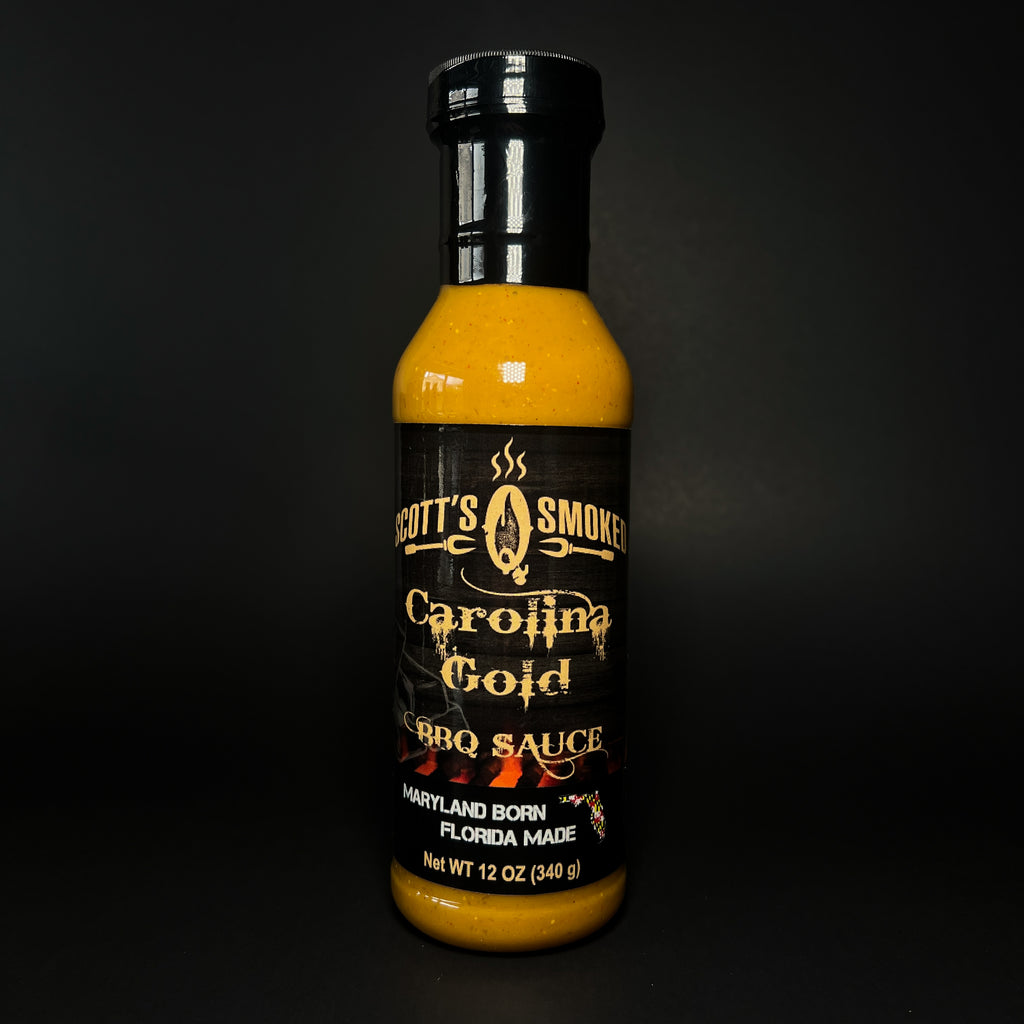 Scott's Smoker Carolina Gold BBQ Sauce, 12 oz bottle, Maryland born, Florida made, mustard-based barbecue flavor.