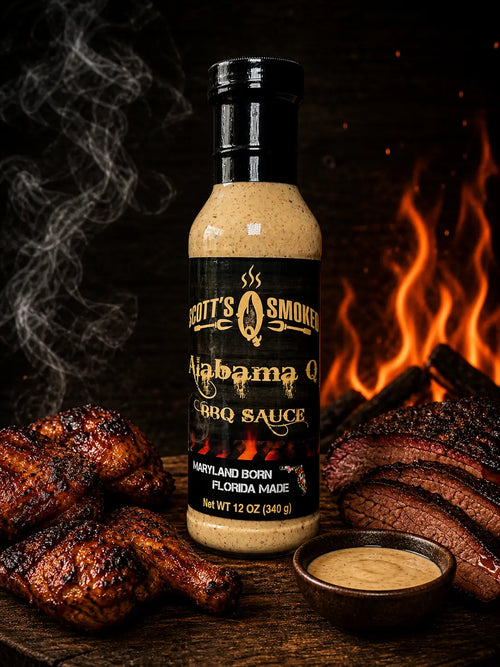 Scott's Smokin' Alabama Q BBQ Sauce bottle with grilled meat and flames in the background.